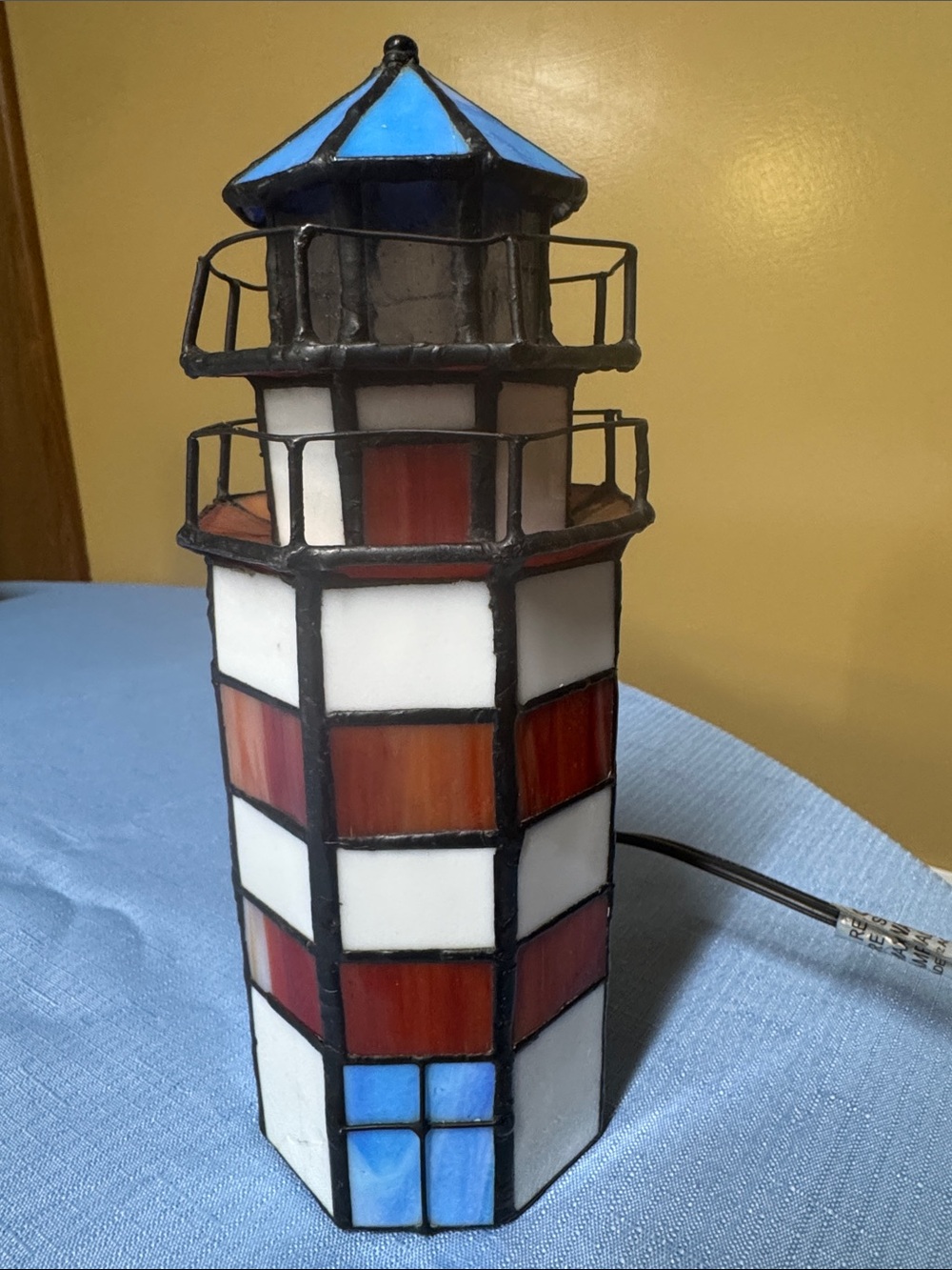 Stained Glass Lighthouse Accent Lamp - Blue, White & Red